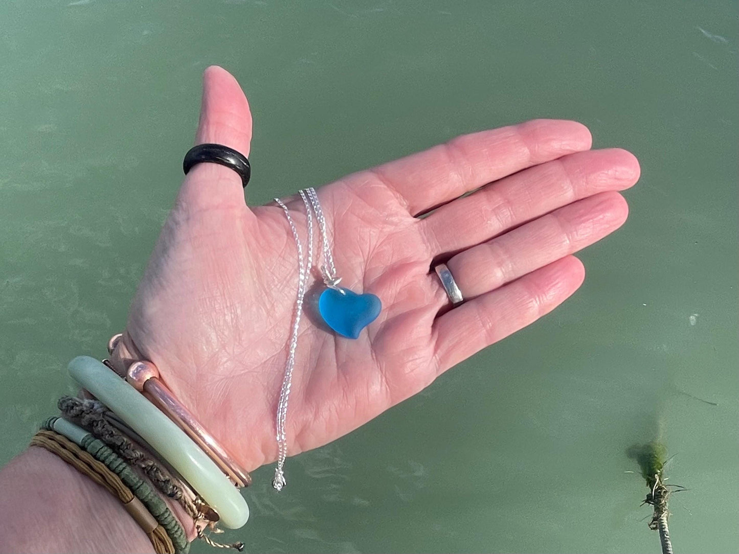 Sea glass heart necklace. Recycled necklace, gift for him. Ethical jewellery. Sea glass pendant. Eco friendly necklace, boho surf jewellery