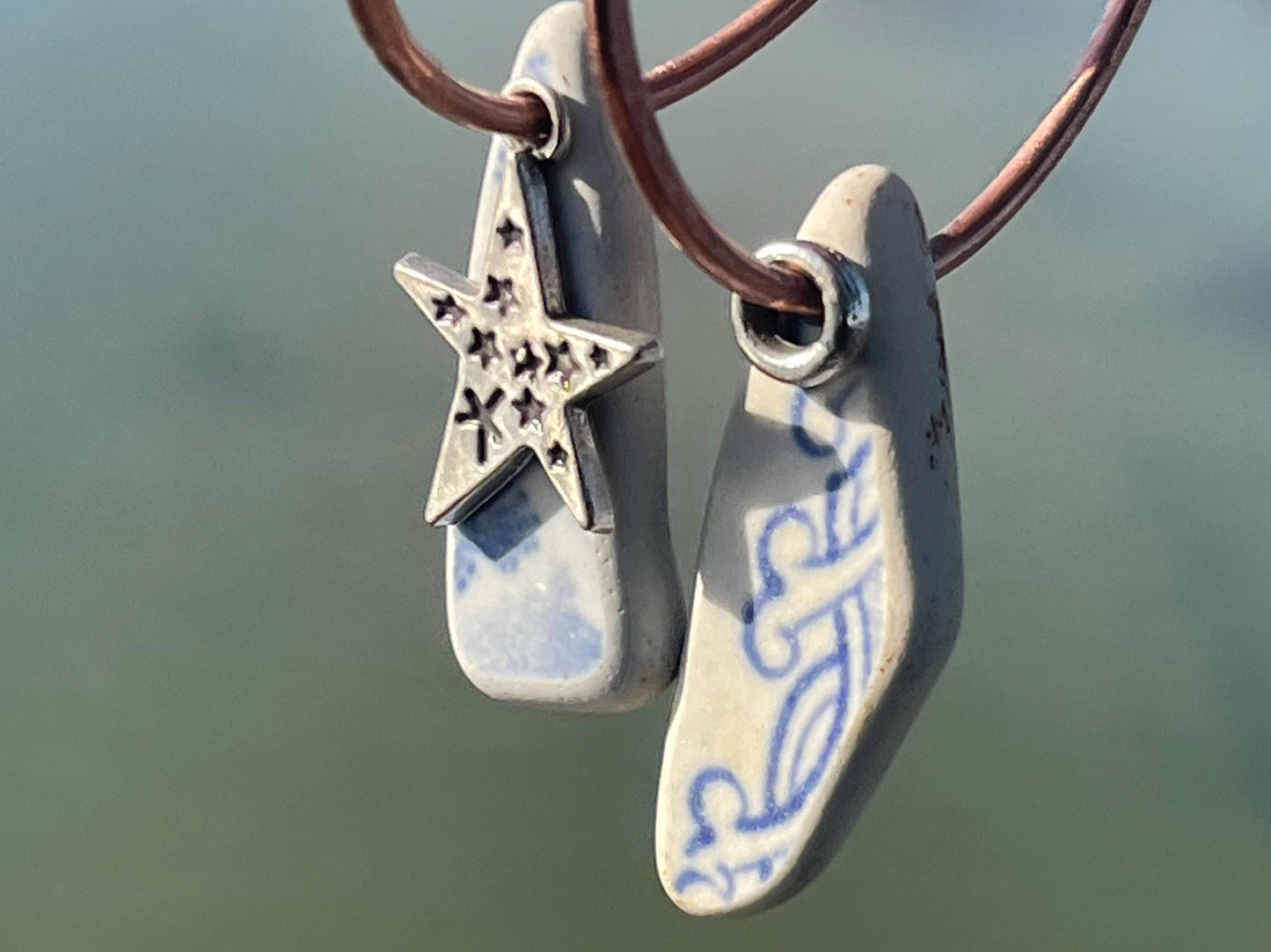 Eco friendly blue ceramic and recycled copper earrings. Unique earrings, ethical jewellery, unusual boho jewellery, eco friendly jewellery.