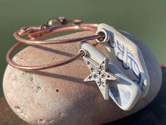 Eco friendly blue ceramic and recycled copper earrings. Unique earrings, ethical jewellery, unusual boho jewellery, eco friendly jewellery.