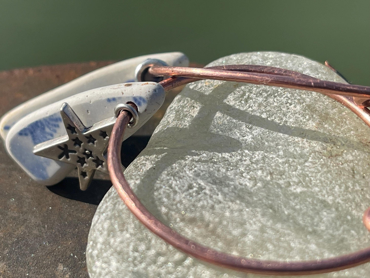 Eco friendly blue ceramic and recycled copper earrings. Unique earrings, ethical jewellery, unusual boho jewellery, eco friendly jewellery.