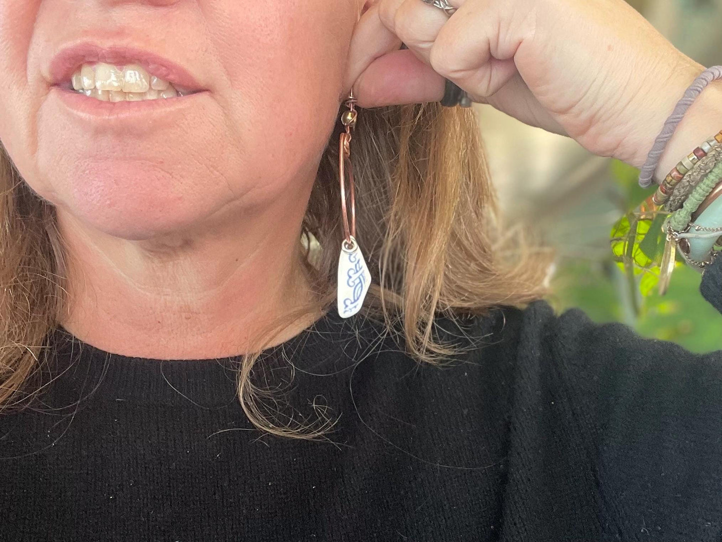 Eco friendly blue ceramic and recycled copper earrings. Unique earrings, ethical jewellery, unusual boho jewellery, eco friendly jewellery.