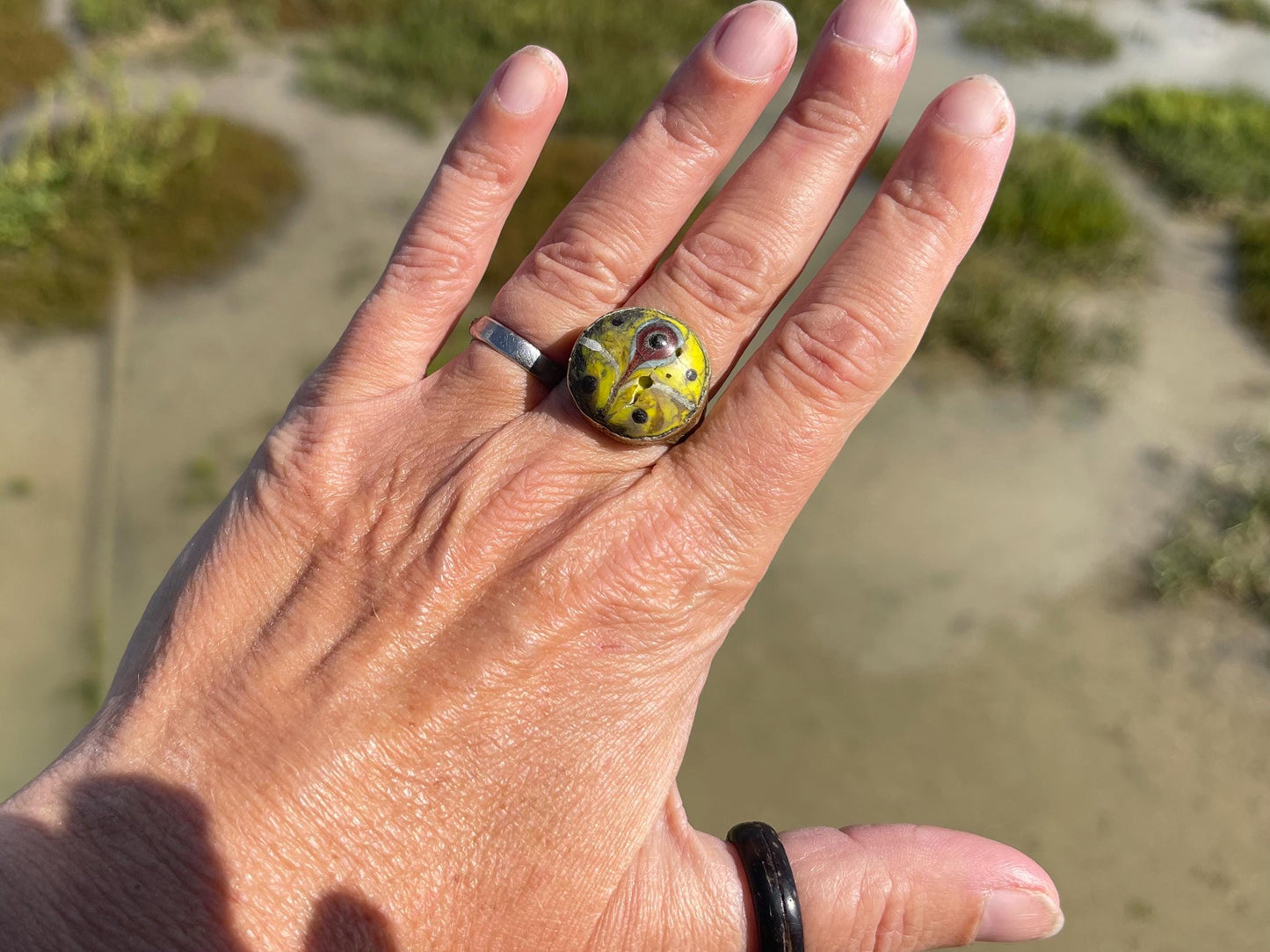Fabulous vintage ring, large yellow ring, boho vintage jewellery, ethical jewellery, gypsy ring. Gypsy jewellery, statement jewellery