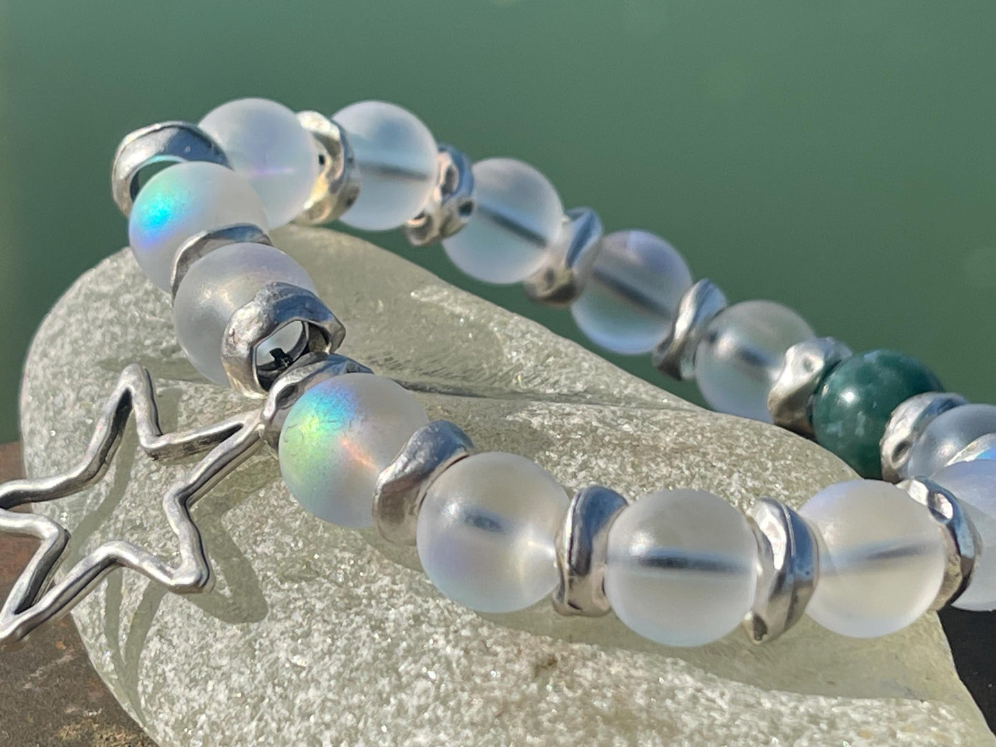 Rainbow bracelet, Christmas bracelet, beaded shimmery bracelet, star bracelet, handmade bracelet, glass bracelet, congratulations gift.