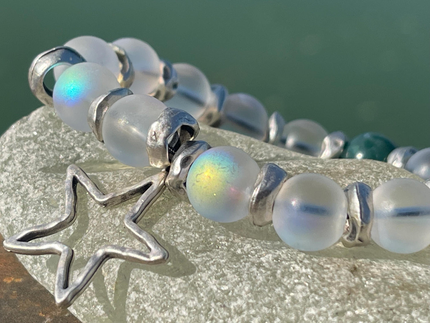 Rainbow bracelet, Christmas bracelet, beaded shimmery bracelet, star bracelet, handmade bracelet, glass bracelet, congratulations gift.