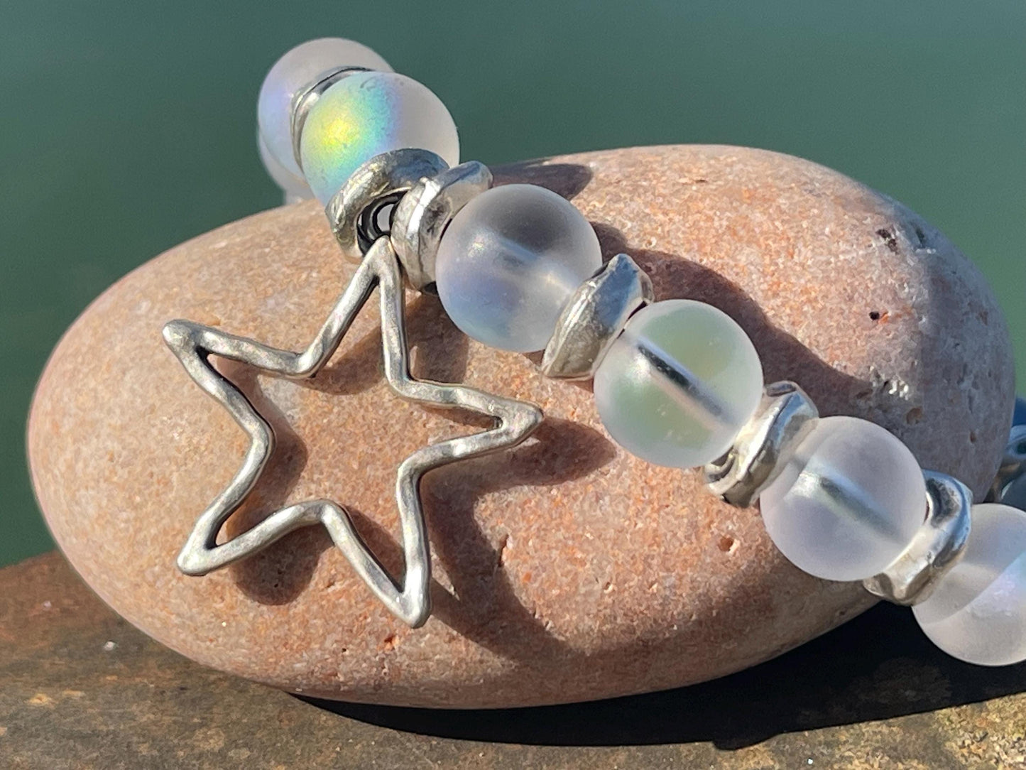 Rainbow bracelet, Christmas bracelet, beaded shimmery bracelet, star bracelet, handmade bracelet, glass bracelet, congratulations gift.