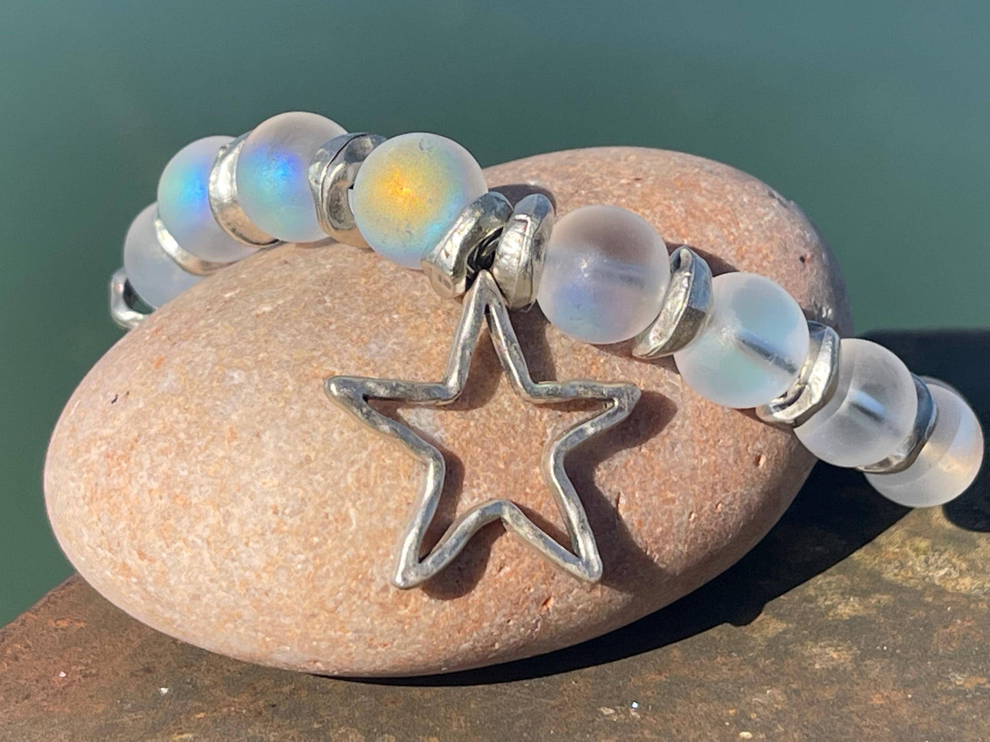 Rainbow bracelet, Christmas bracelet, beaded shimmery bracelet, star bracelet, handmade bracelet, glass bracelet, congratulations gift.