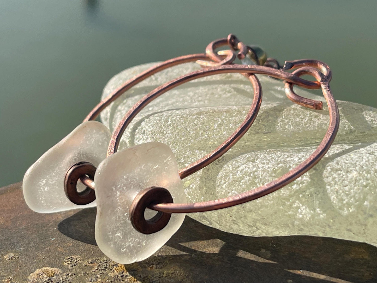 Eco friendly glass hoops on recycled copper.. Unique earrings, ethical jewellery, unusual boho jewellery, eco friendly jewellery. Eco gifts.