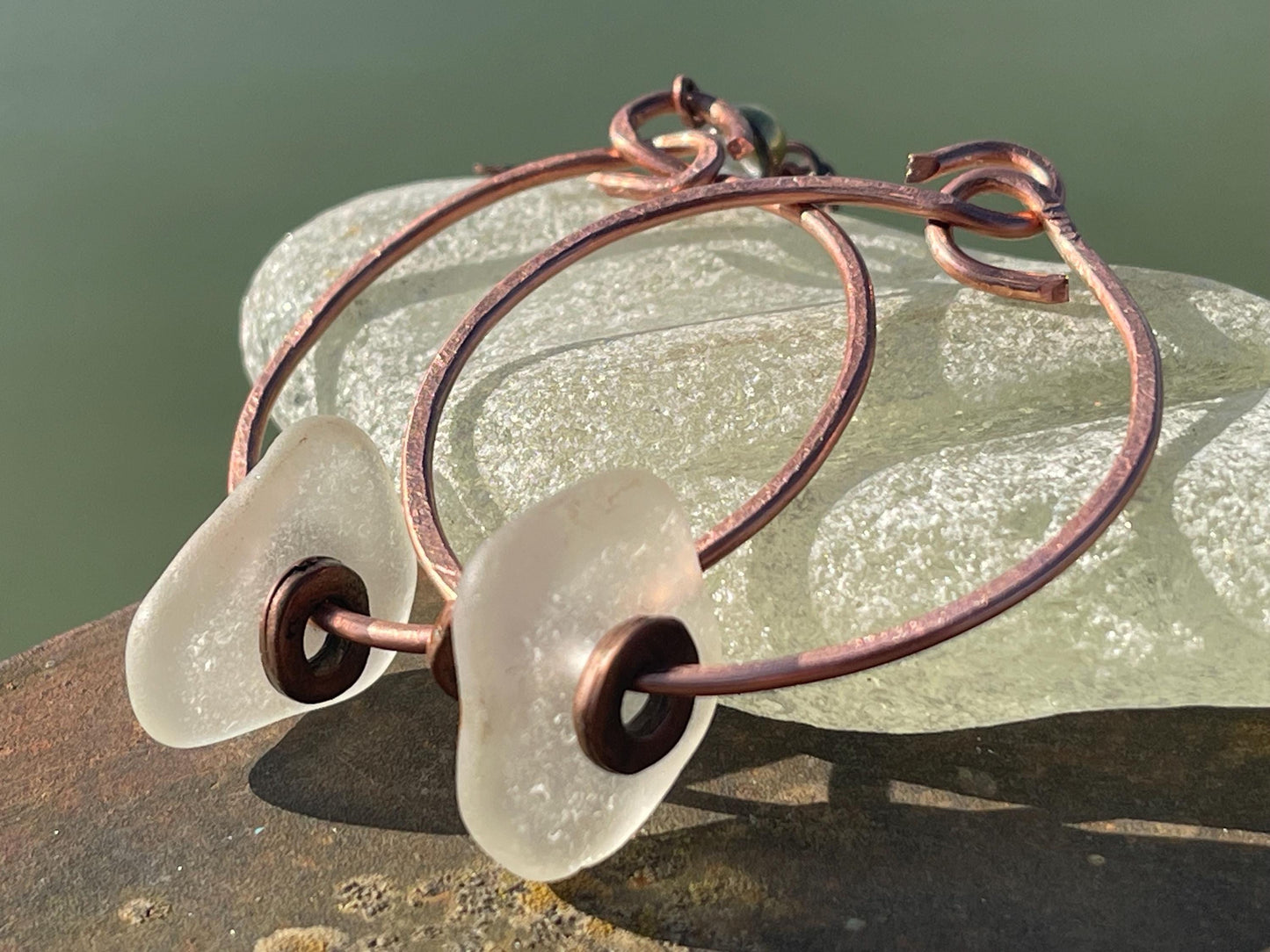 Eco friendly glass hoops on recycled copper.. Unique earrings, ethical jewellery, unusual boho jewellery, eco friendly jewellery. Eco gifts.