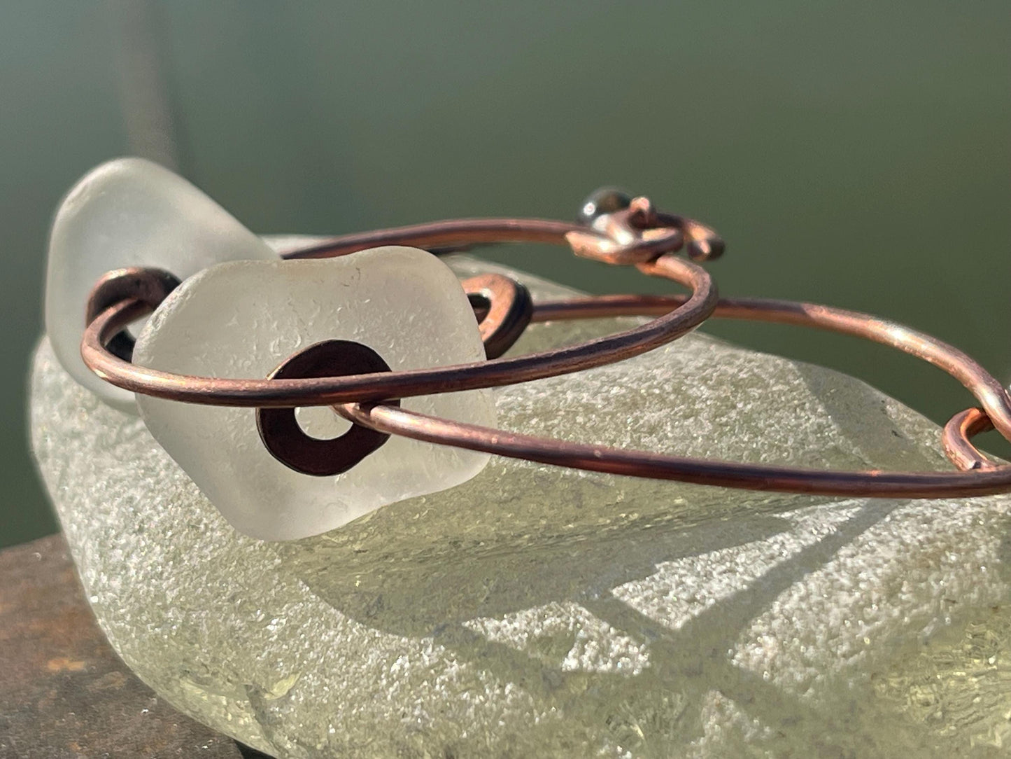 Eco friendly glass hoops on recycled copper.. Unique earrings, ethical jewellery, unusual boho jewellery, eco friendly jewellery. Eco gifts.