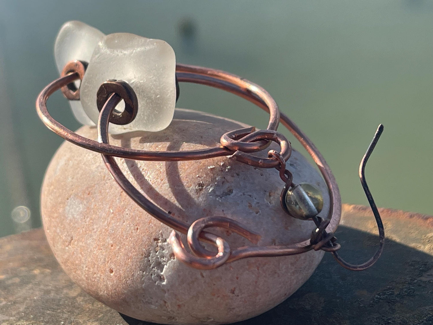 Eco friendly glass hoops on recycled copper.. Unique earrings, ethical jewellery, unusual boho jewellery, eco friendly jewellery. Eco gifts.