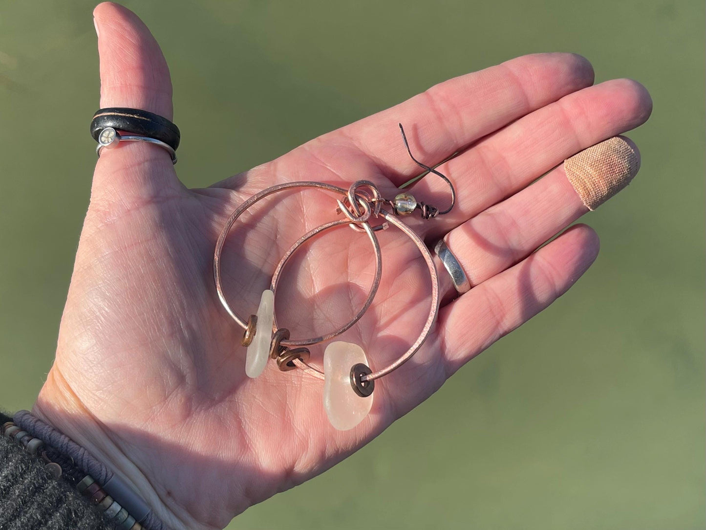 Eco friendly glass hoops on recycled copper.. Unique earrings, ethical jewellery, unusual boho jewellery, eco friendly jewellery. Eco gifts.