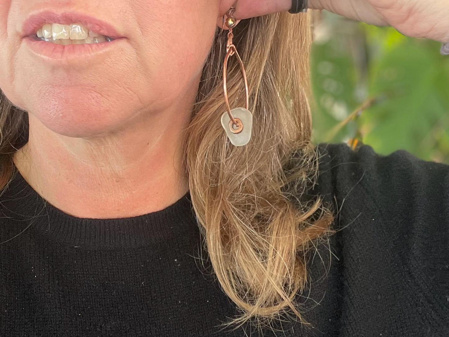 Eco friendly glass hoops on recycled copper.. Unique earrings, ethical jewellery, unusual boho jewellery, eco friendly jewellery. Eco gifts.