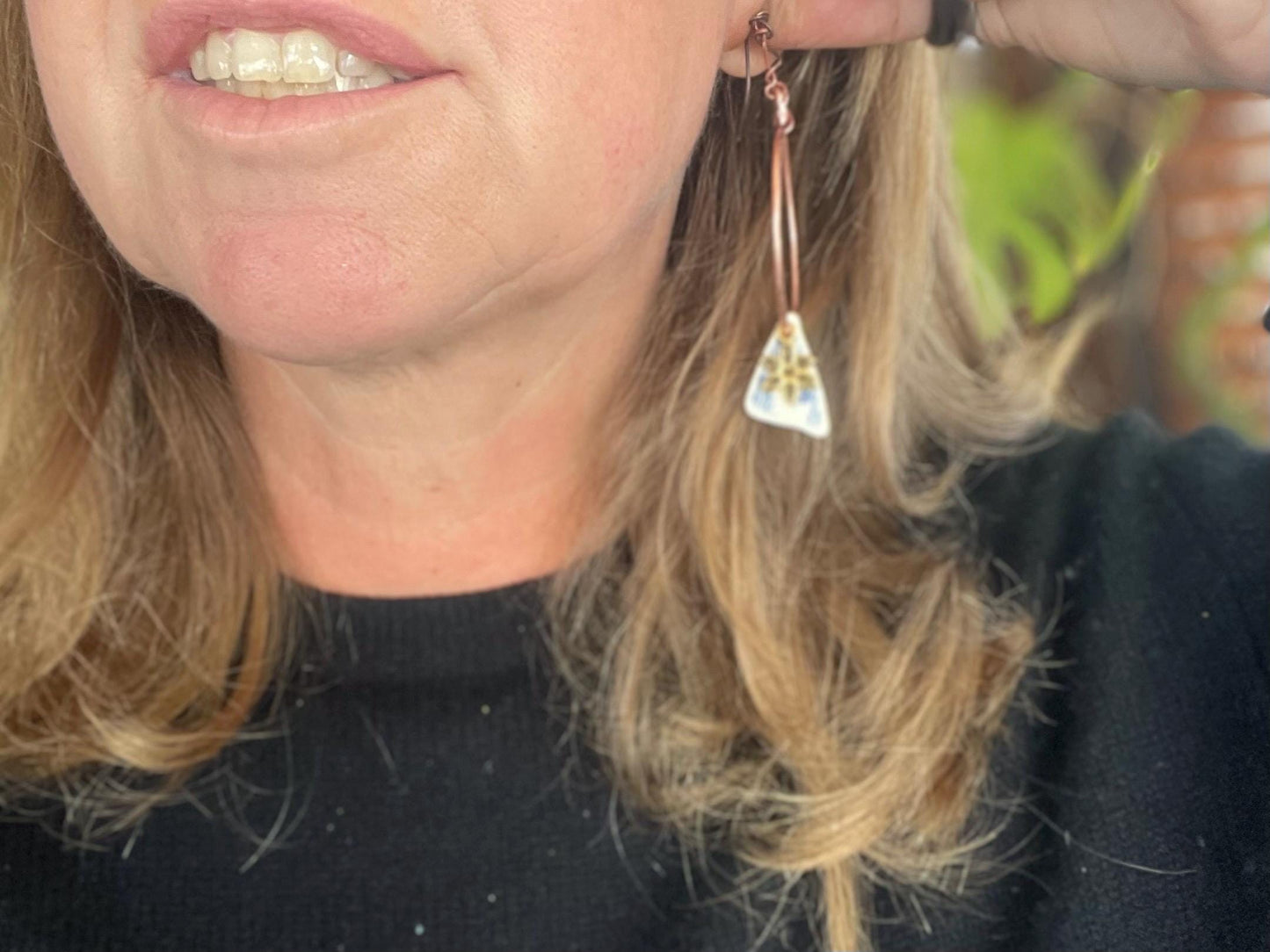 Eco friendly blue ceramic and recycled copper earrings. Unique earrings, ethical jewellery, unusual boho jewellery, eco friendly jewellery.