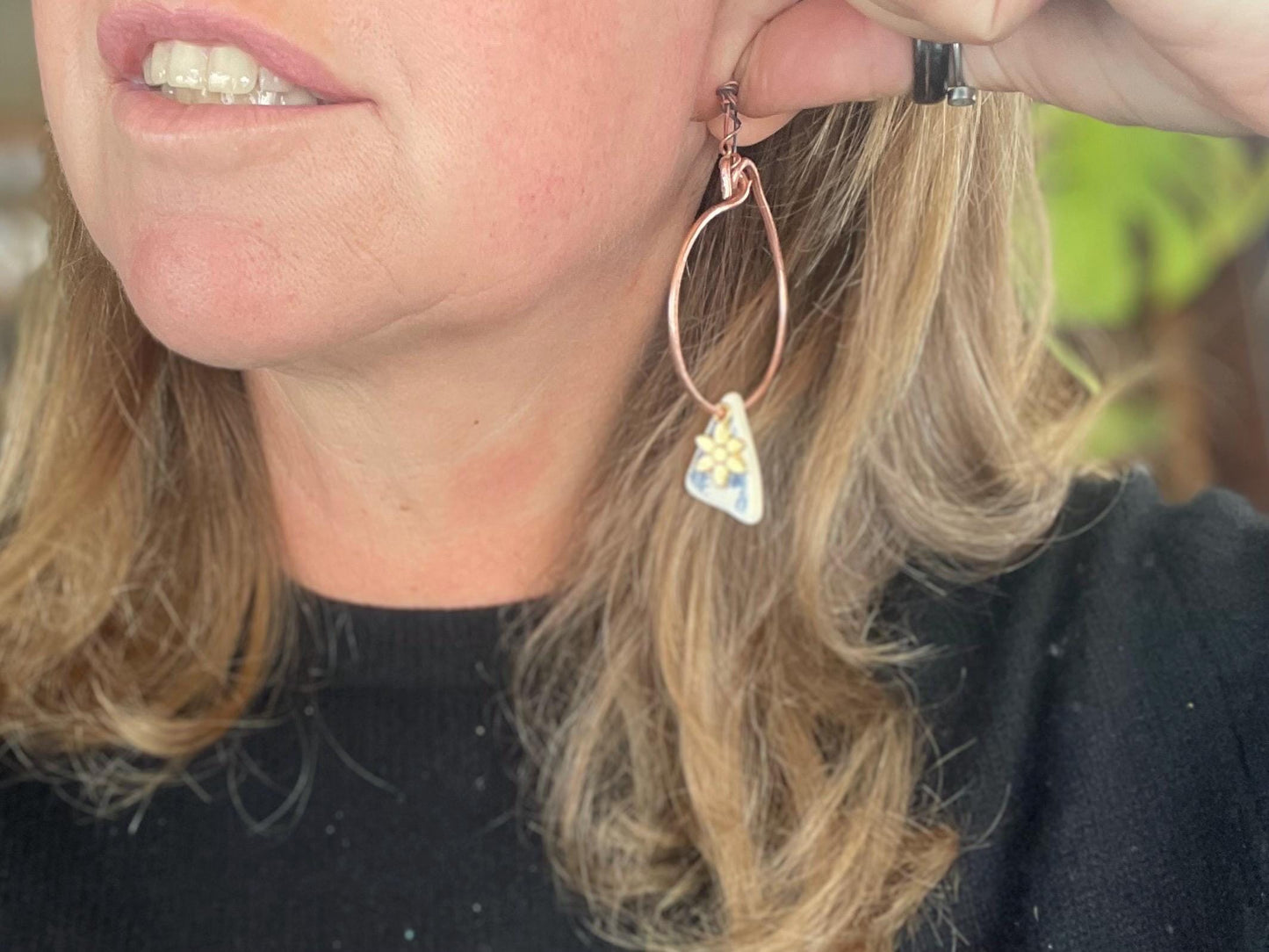 Eco friendly blue ceramic and recycled copper earrings. Unique earrings, ethical jewellery, unusual boho jewellery, eco friendly jewellery.