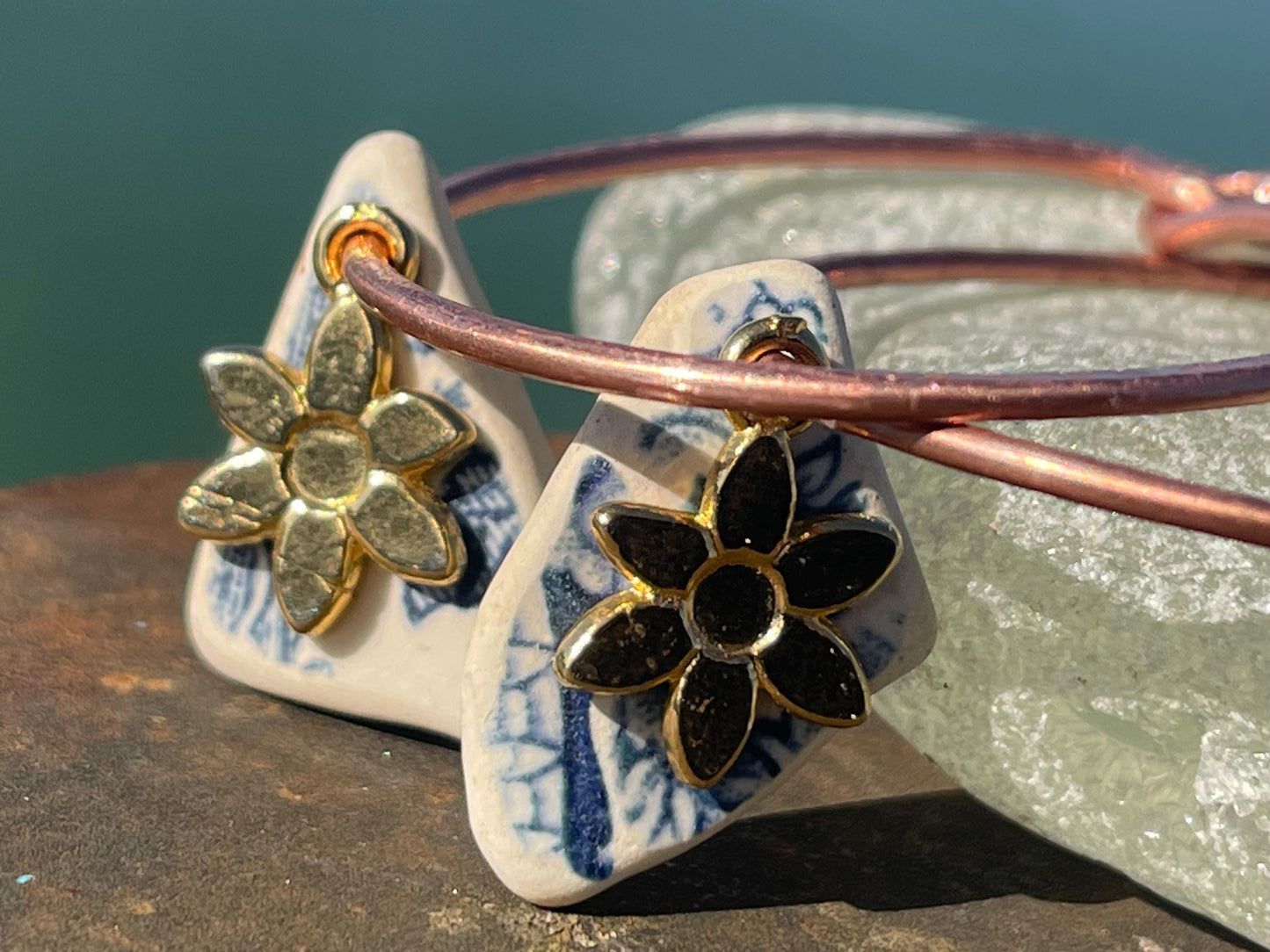 Eco friendly blue ceramic and recycled copper earrings. Unique earrings, ethical jewellery, unusual boho jewellery, eco friendly jewellery.