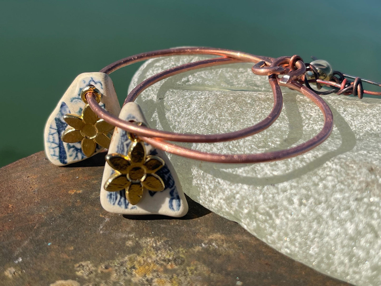 Eco friendly blue ceramic and recycled copper earrings. Unique earrings, ethical jewellery, unusual boho jewellery, eco friendly jewellery.