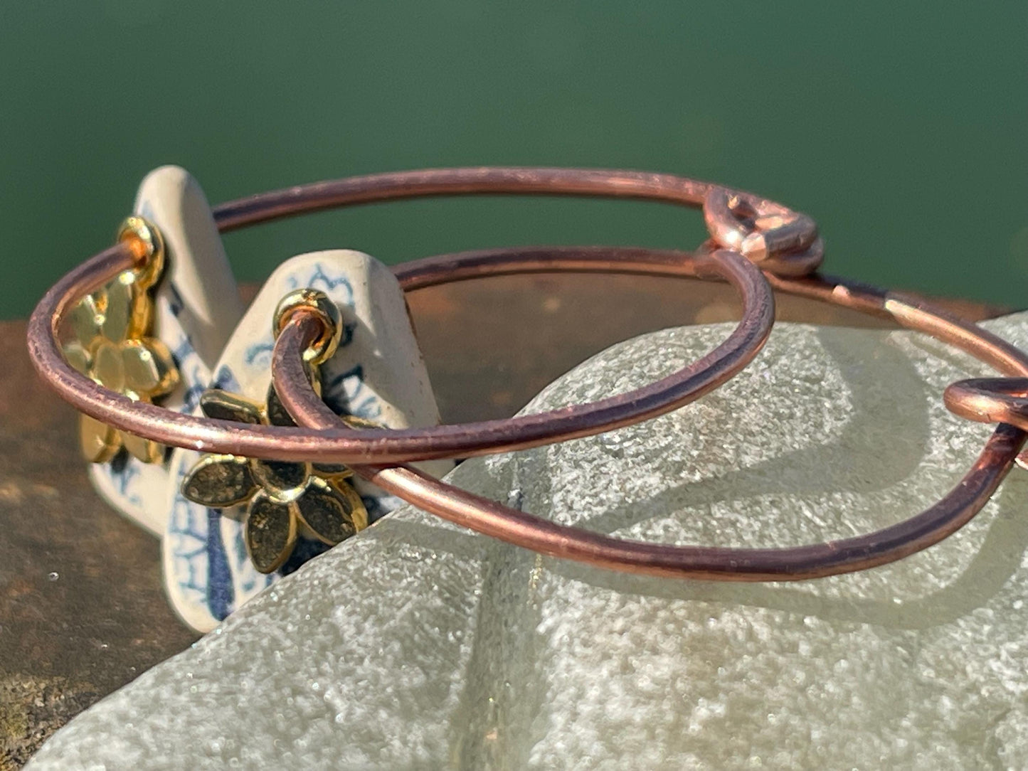 Eco friendly blue ceramic and recycled copper earrings. Unique earrings, ethical jewellery, unusual boho jewellery, eco friendly jewellery.