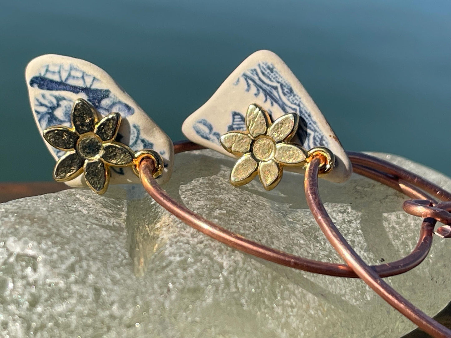 Eco friendly blue ceramic and recycled copper earrings. Unique earrings, ethical jewellery, unusual boho jewellery, eco friendly jewellery.