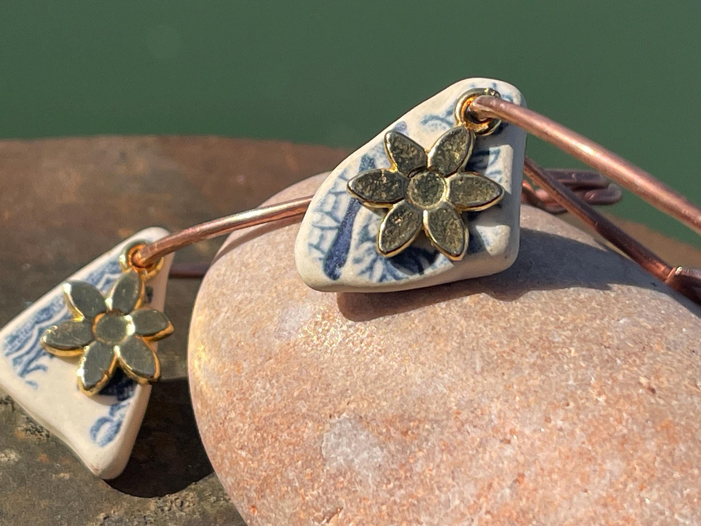 Eco friendly blue ceramic and recycled copper earrings. Unique earrings, ethical jewellery, unusual boho jewellery, eco friendly jewellery.