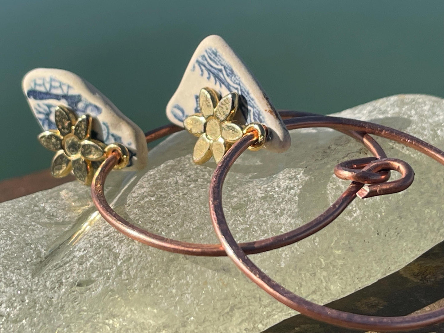 Eco friendly blue ceramic and recycled copper earrings. Unique earrings, ethical jewellery, unusual boho jewellery, eco friendly jewellery.