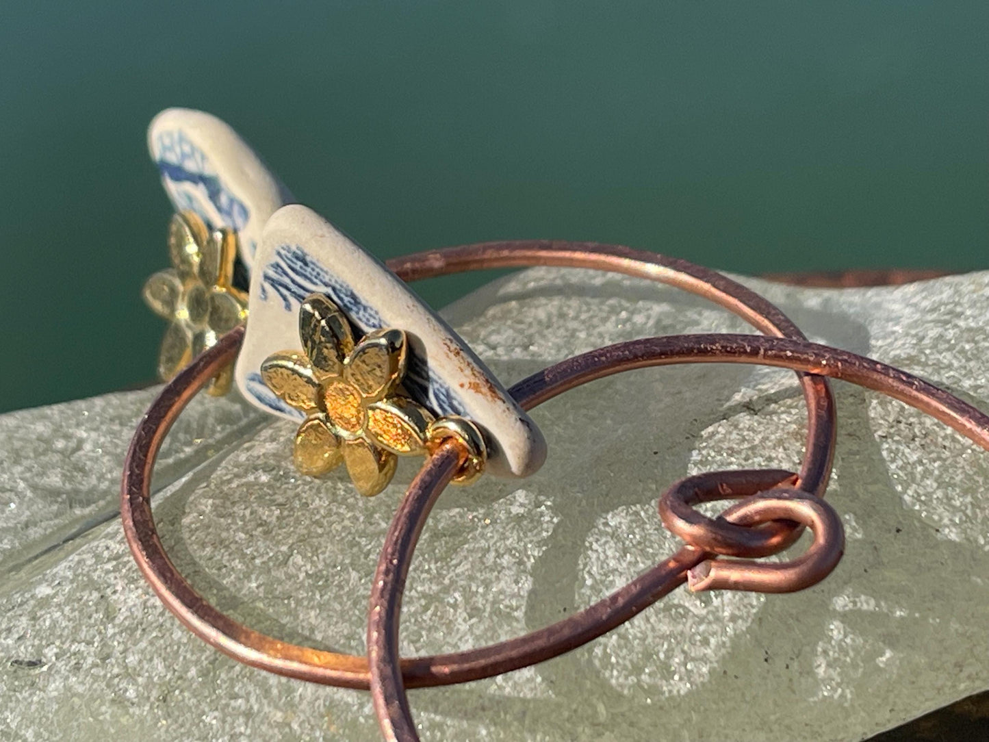 Eco friendly blue ceramic and recycled copper earrings. Unique earrings, ethical jewellery, unusual boho jewellery, eco friendly jewellery.