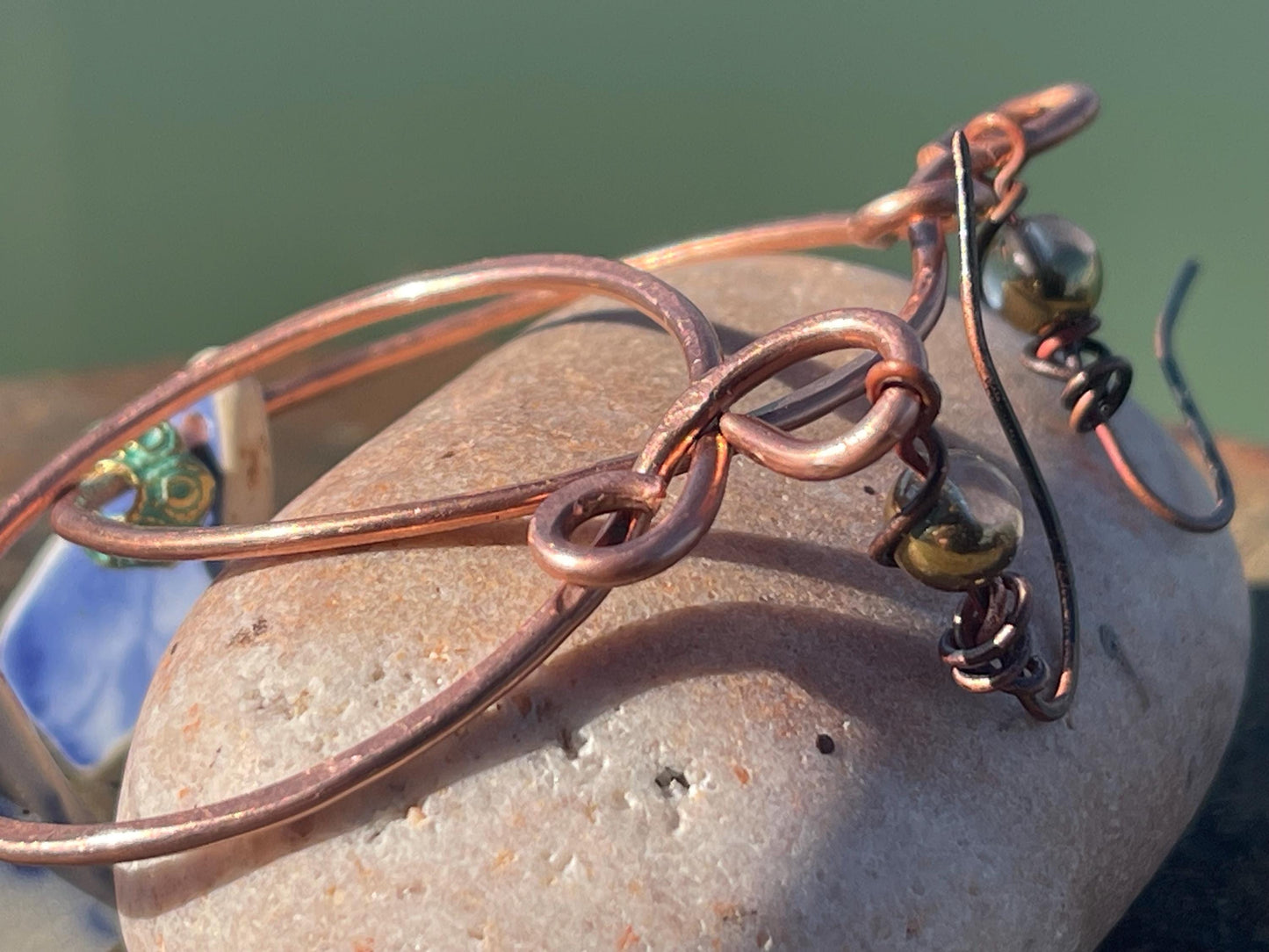 Eco friendly blue ceramic and recycled copper earrings. Unique earrings, ethical jewellery, unusual boho jewellery, eco friendly jewellery.