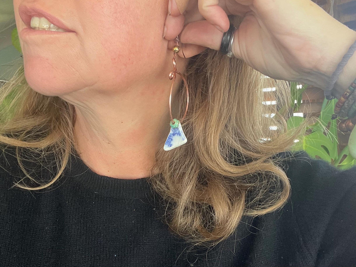 Eco friendly blue ceramic and recycled copper earrings. Unique earrings, ethical jewellery, unusual boho jewellery, eco friendly jewellery.