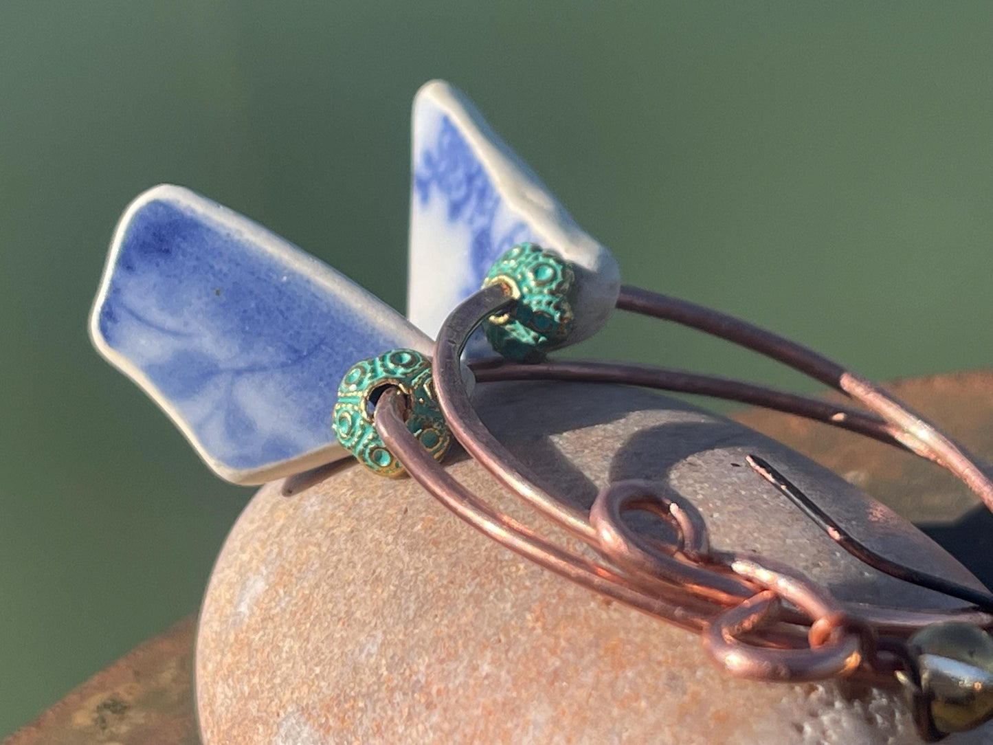 Eco friendly blue ceramic and recycled copper earrings. Unique earrings, ethical jewellery, unusual boho jewellery, eco friendly jewellery.
