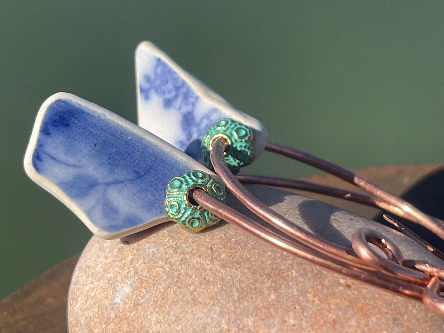 Eco friendly blue ceramic and recycled copper earrings. Unique earrings, ethical jewellery, unusual boho jewellery, eco friendly jewellery.