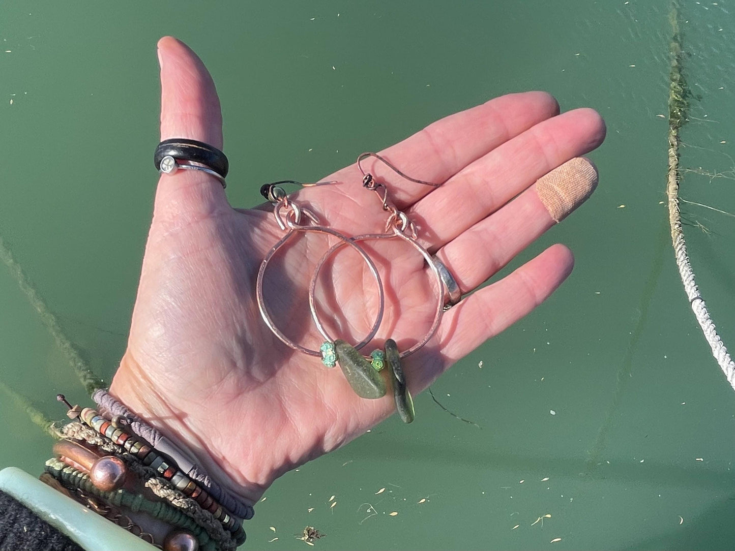 Eco friendly glass hoops on recycled copper.. Unique earrings, ethical jewellery, unusual boho jewellery, eco friendly jewellery. Eco gifts.