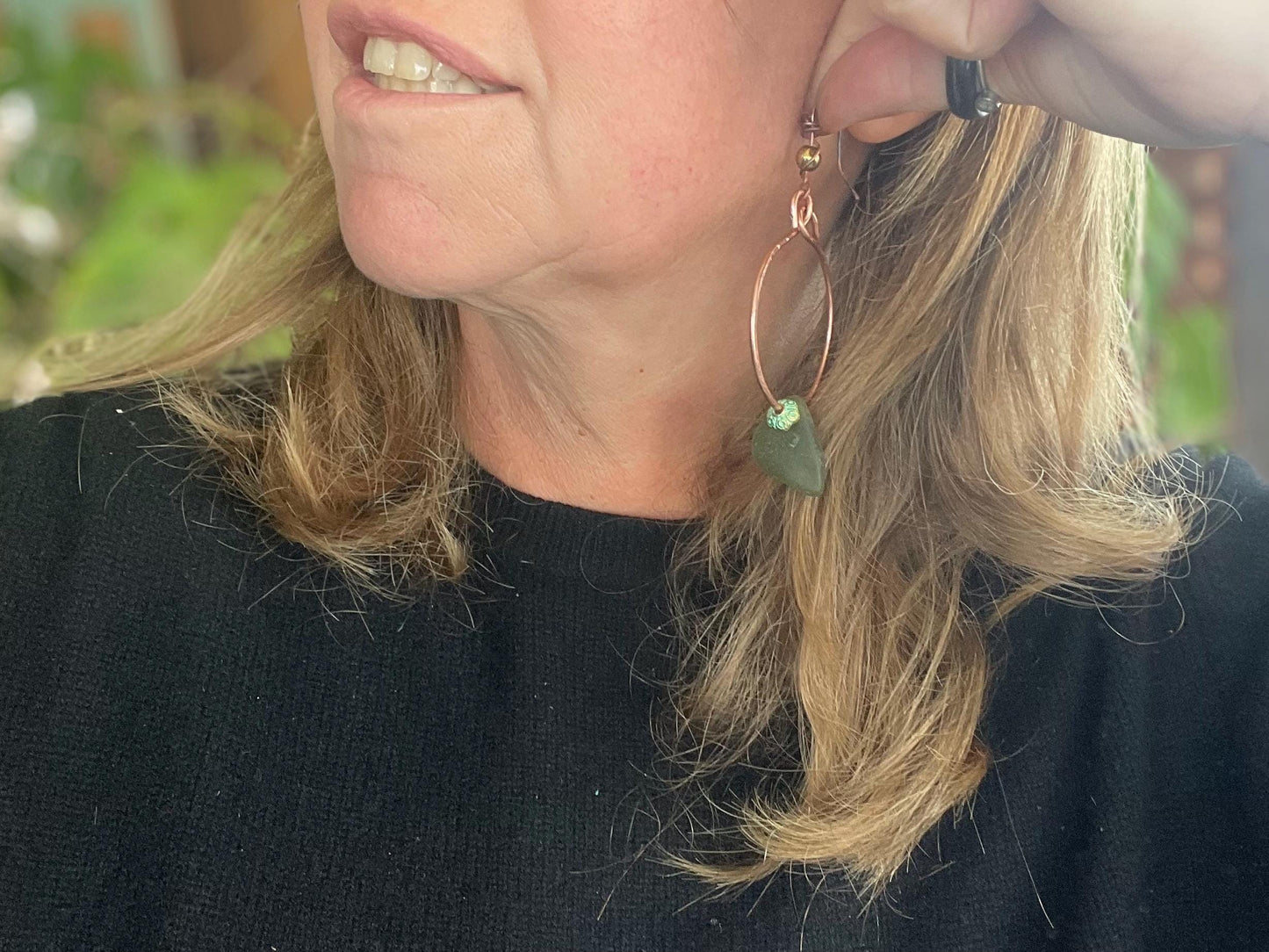 Eco friendly glass hoops on recycled copper.. Unique earrings, ethical jewellery, unusual boho jewellery, eco friendly jewellery. Eco gifts.