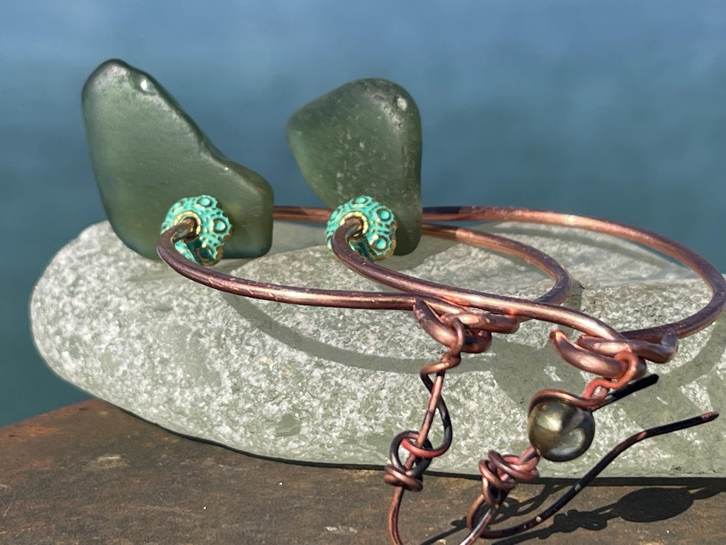 Eco friendly glass hoops on recycled copper.. Unique earrings, ethical jewellery, unusual boho jewellery, eco friendly jewellery. Eco gifts.