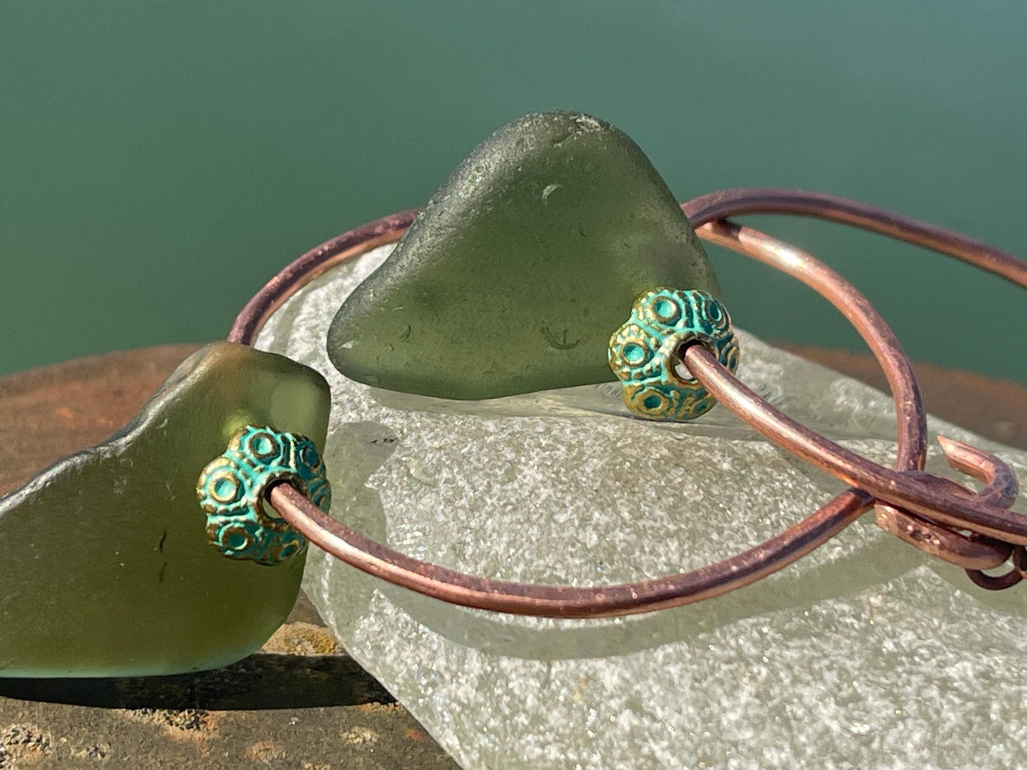 Eco friendly glass hoops on recycled copper.. Unique earrings, ethical jewellery, unusual boho jewellery, eco friendly jewellery. Eco gifts.