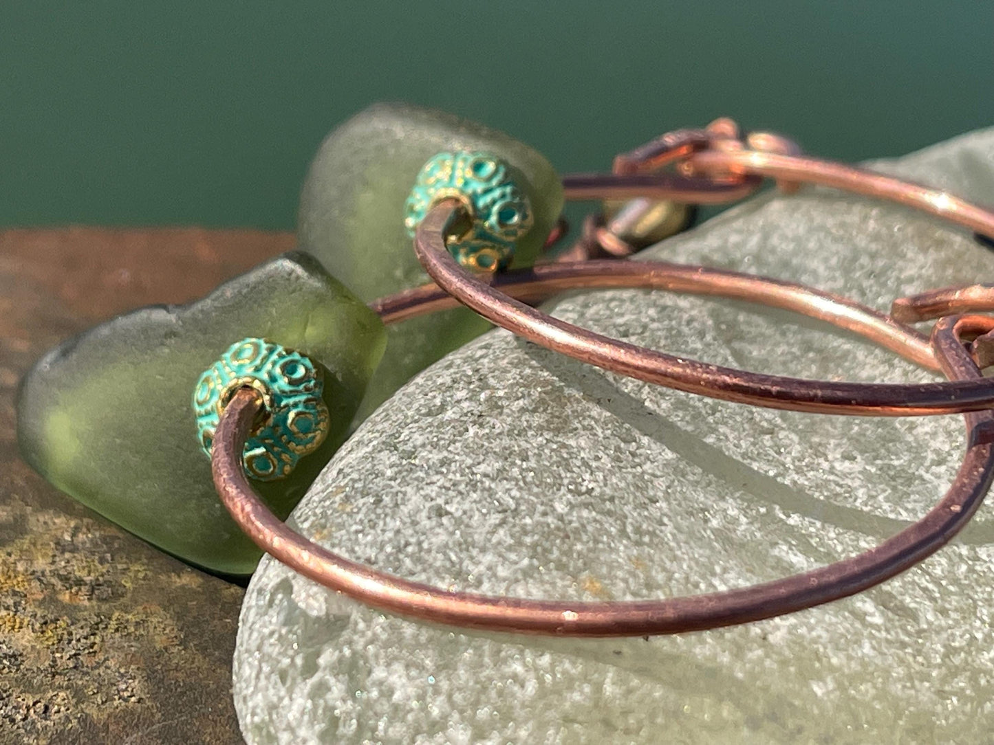 Eco friendly glass hoops on recycled copper.. Unique earrings, ethical jewellery, unusual boho jewellery, eco friendly jewellery. Eco gifts.