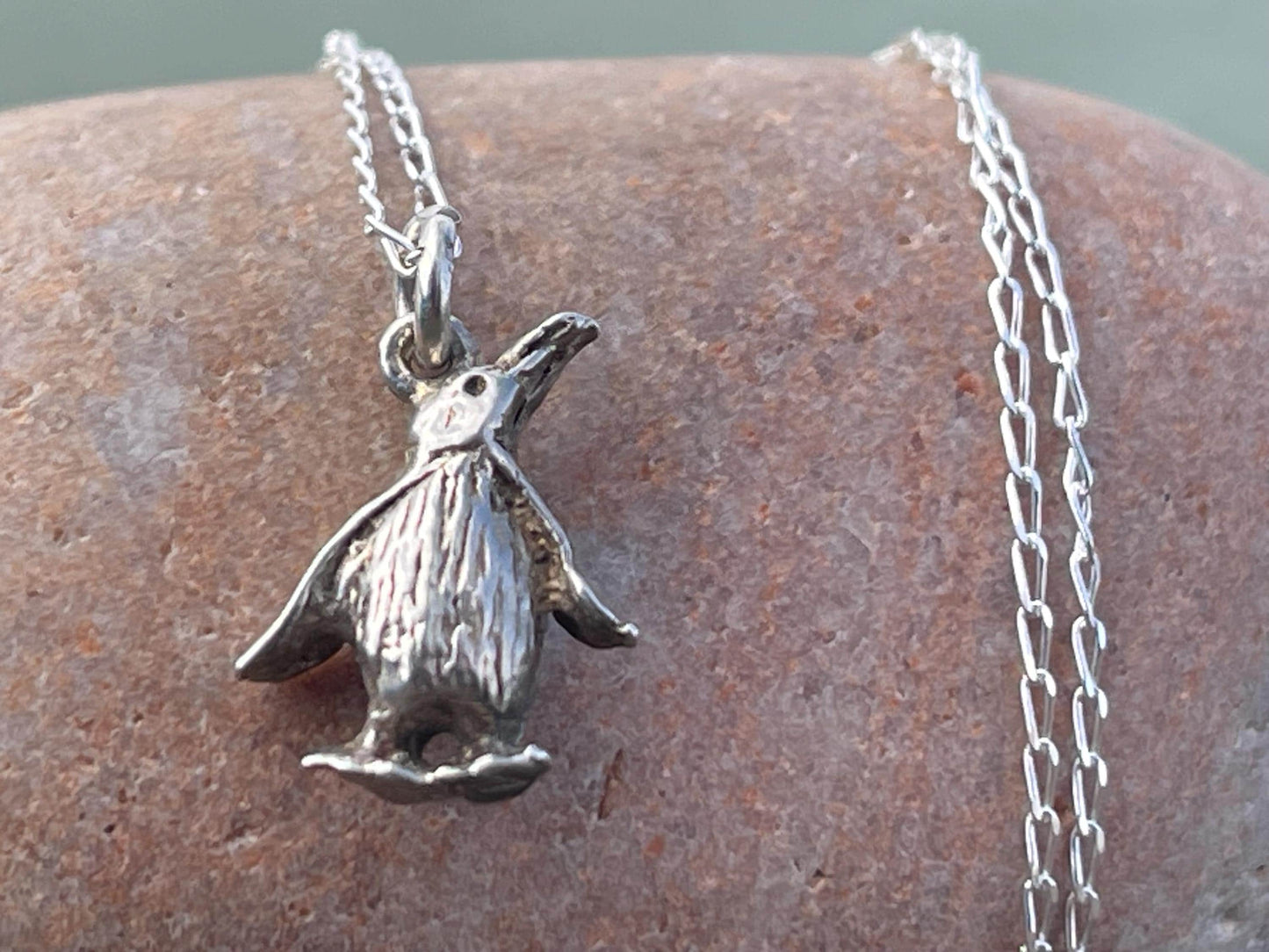 Recycled sterling silver penguin necklace. Unique jewellery, festive necklace, penguin jewellery, penguin pendant. Penguin jewellery.
