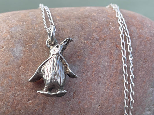Recycled sterling silver penguin necklace. Unique jewellery, festive necklace, penguin jewellery, penguin pendant. Penguin jewellery.