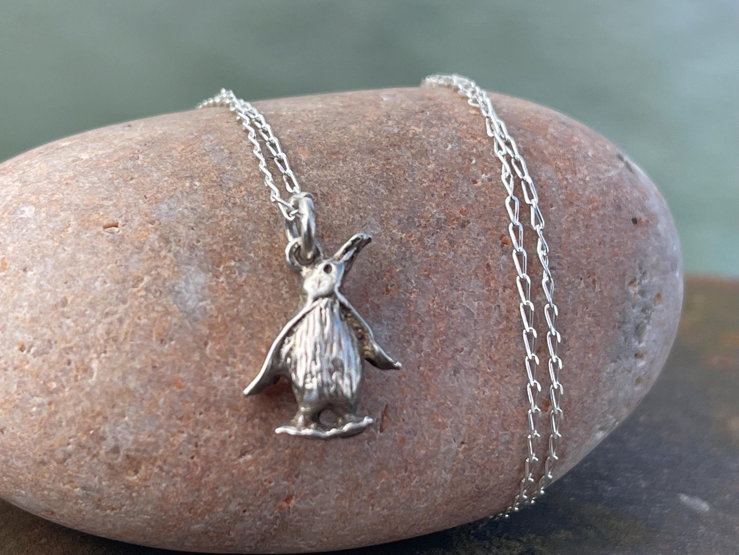 Recycled sterling silver penguin necklace. Unique jewellery, festive necklace, penguin jewellery, penguin pendant. Penguin jewellery.