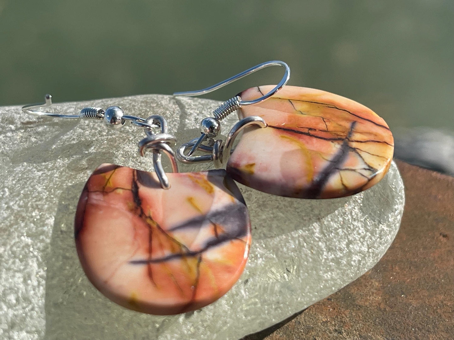 Mookaite jasper gemstone earrings. Ethical jewellery, orange gemstone earrings. Stunning unique jewellery. Unique gifts. Unique earrings.