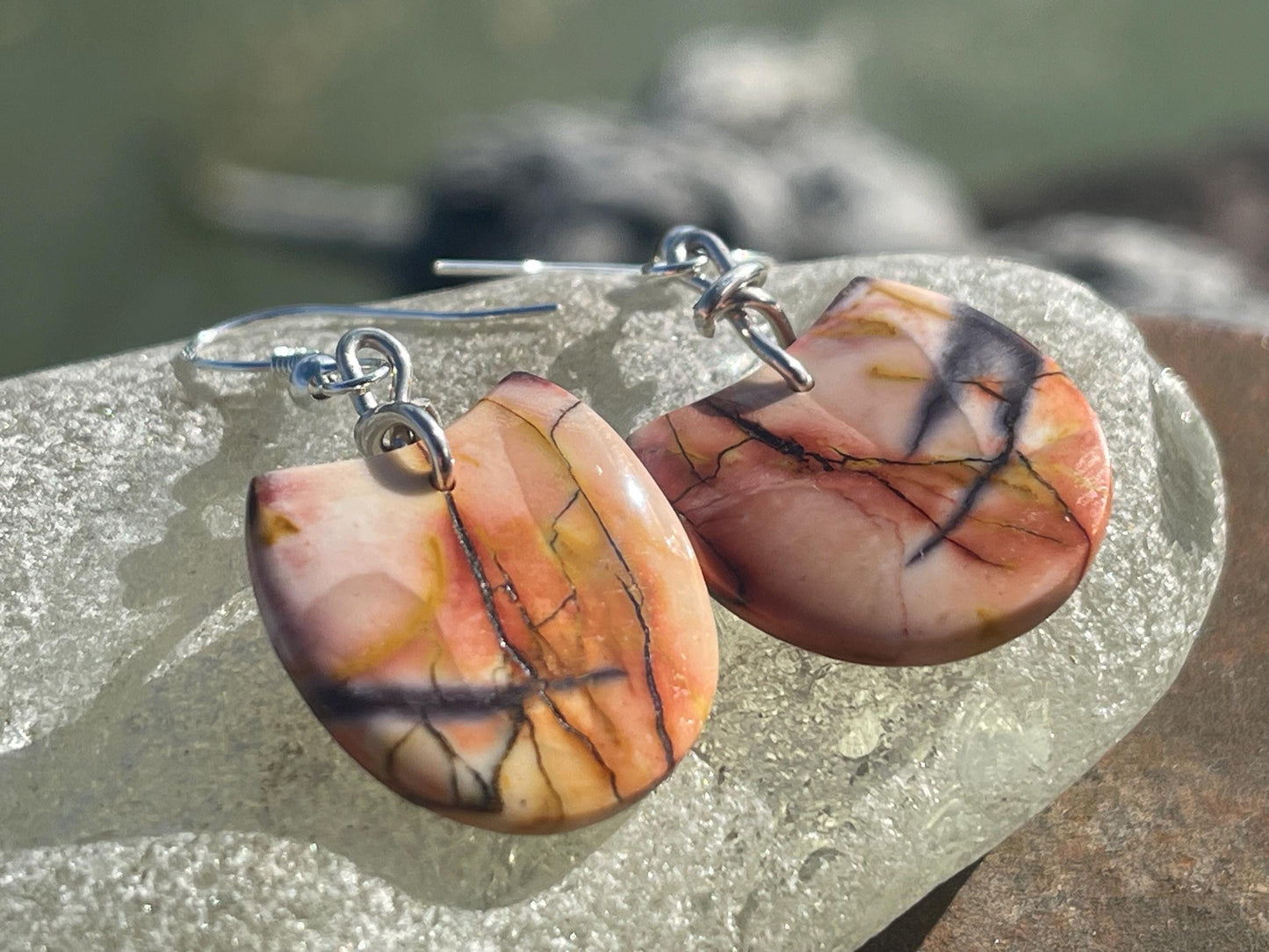 Mookaite jasper gemstone earrings. Ethical jewellery, orange gemstone earrings. Stunning unique jewellery. Unique gifts. Unique earrings.