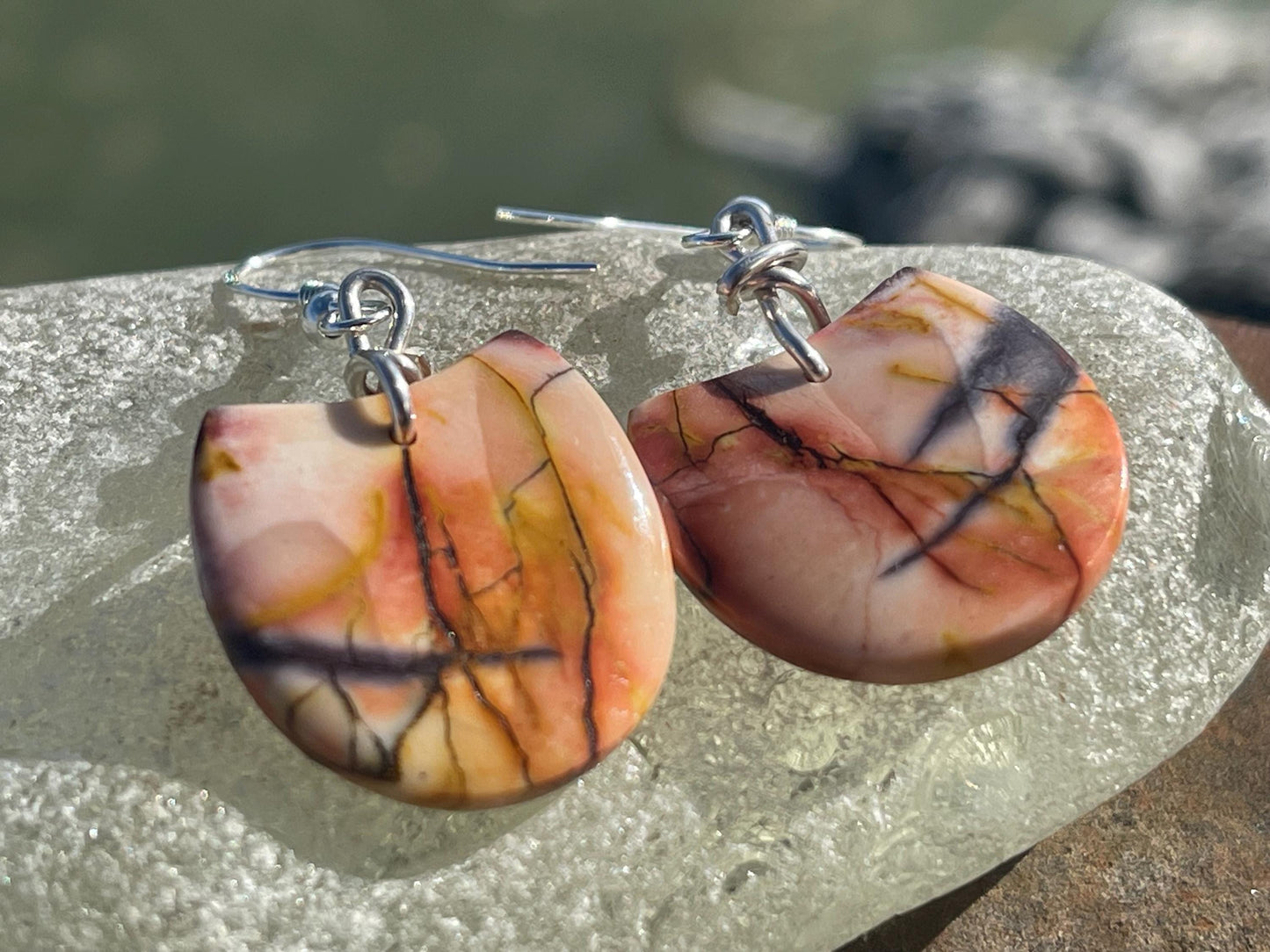 Mookaite jasper gemstone earrings. Ethical jewellery, orange gemstone earrings. Stunning unique jewellery. Unique gifts. Unique earrings.