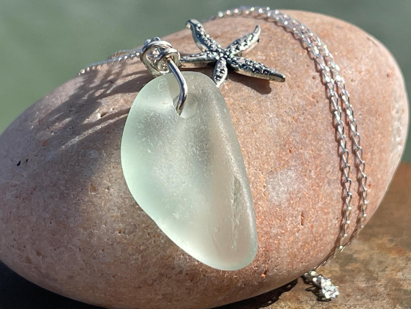 Eco friendly necklace made with sea glass  on a recycled sterling silver chain. Ethical jewellery. Handmade eco friendly jewellery.
