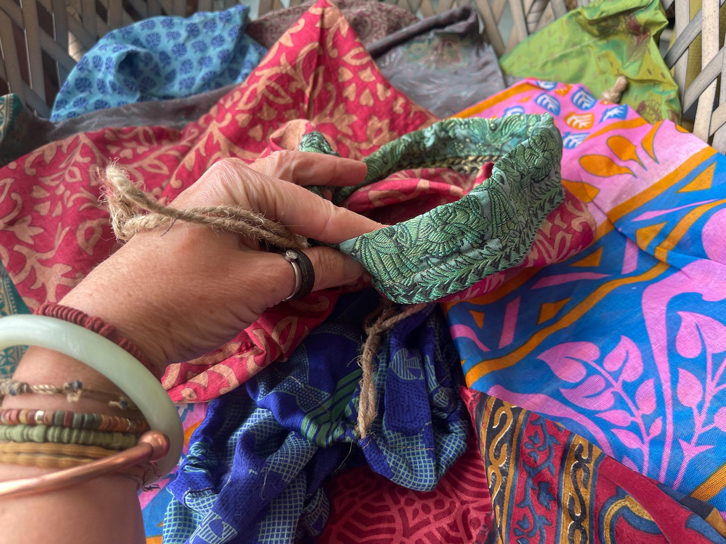 Large recycled sari bags. Alternative eco friendly wrapping option. Recycled bags for gifts. Recycled gift bags. Ethical draw string bags.