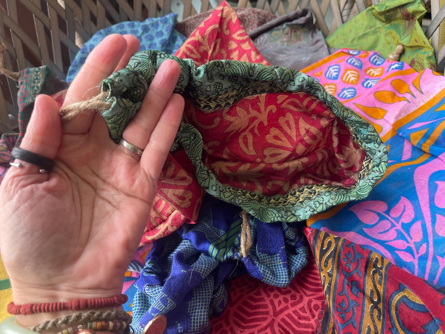 Large recycled sari bags. Alternative eco friendly wrapping option. Recycled bags for gifts. Recycled gift bags. Ethical draw string bags.