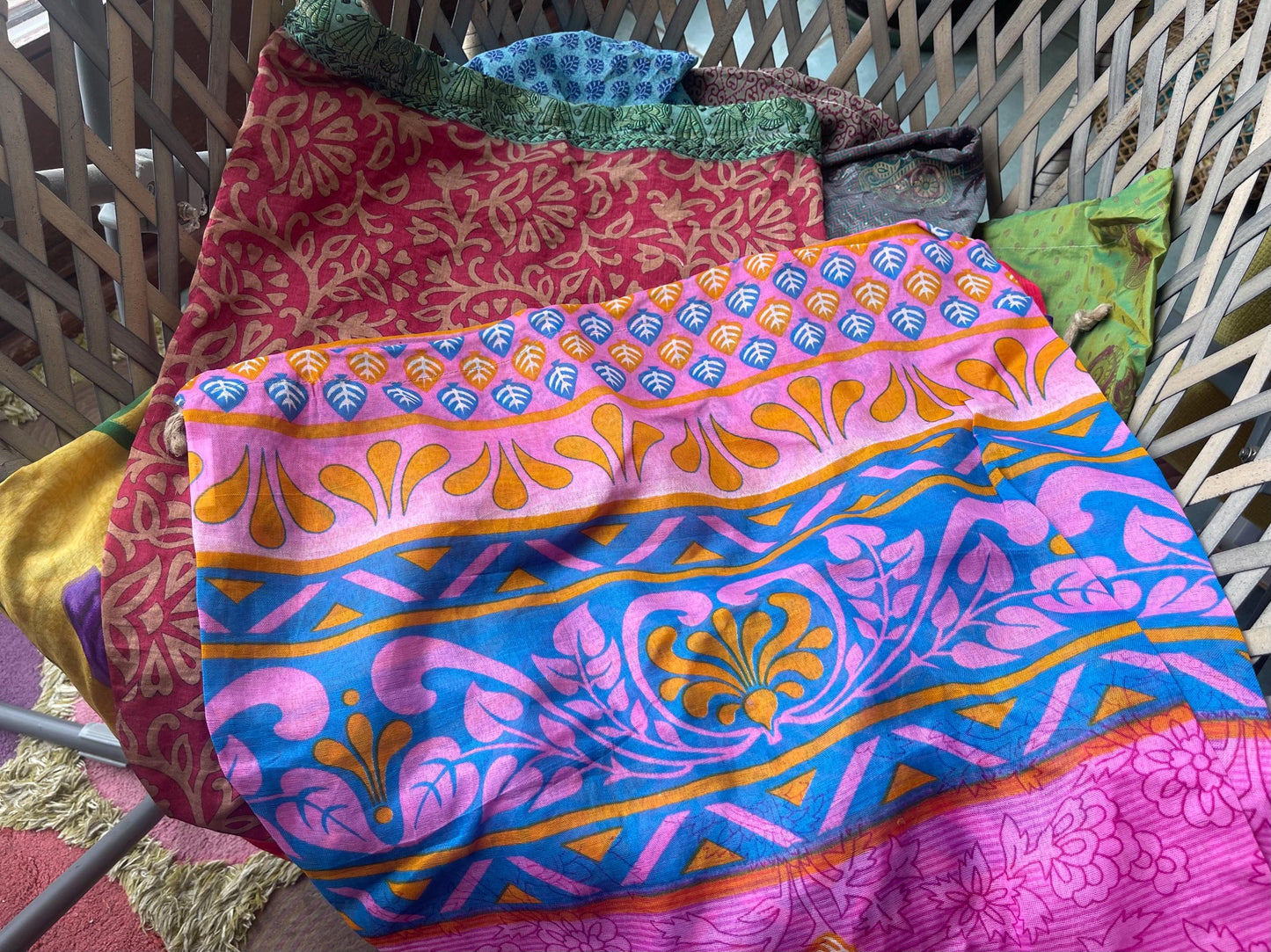 Large recycled sari bags. Alternative eco friendly wrapping option. Recycled bags for gifts. Recycled gift bags. Ethical draw string bags.