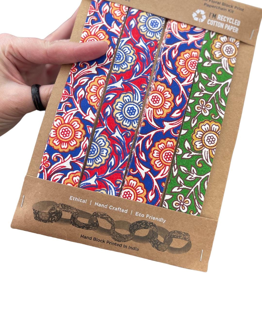 Recycled paper chains. Hand printed paper chains for parties and special occasions. Great family activity. Eco friendy paper garlands.