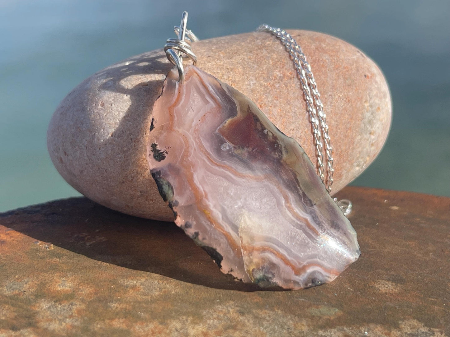 Agate necklace, ethical jewellery, bohemian necklace, unusual jewellery, agate pendant, white gemstone necklace. Boho jewellery