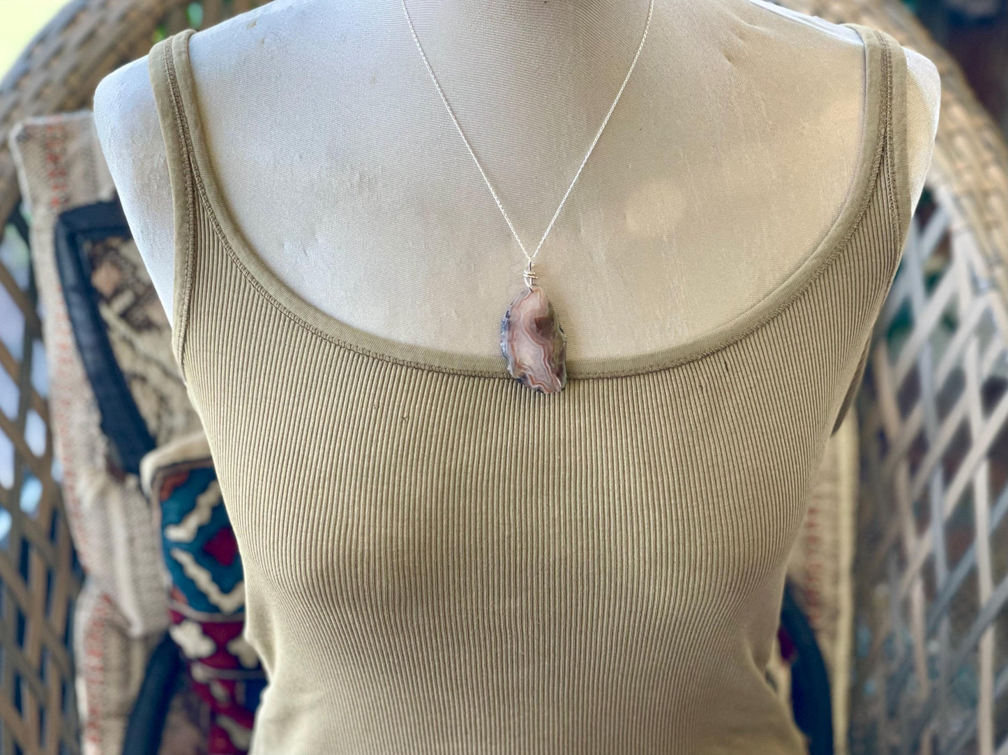 Agate necklace, ethical jewellery, bohemian necklace, unusual jewellery, agate pendant, white gemstone necklace. Boho jewellery