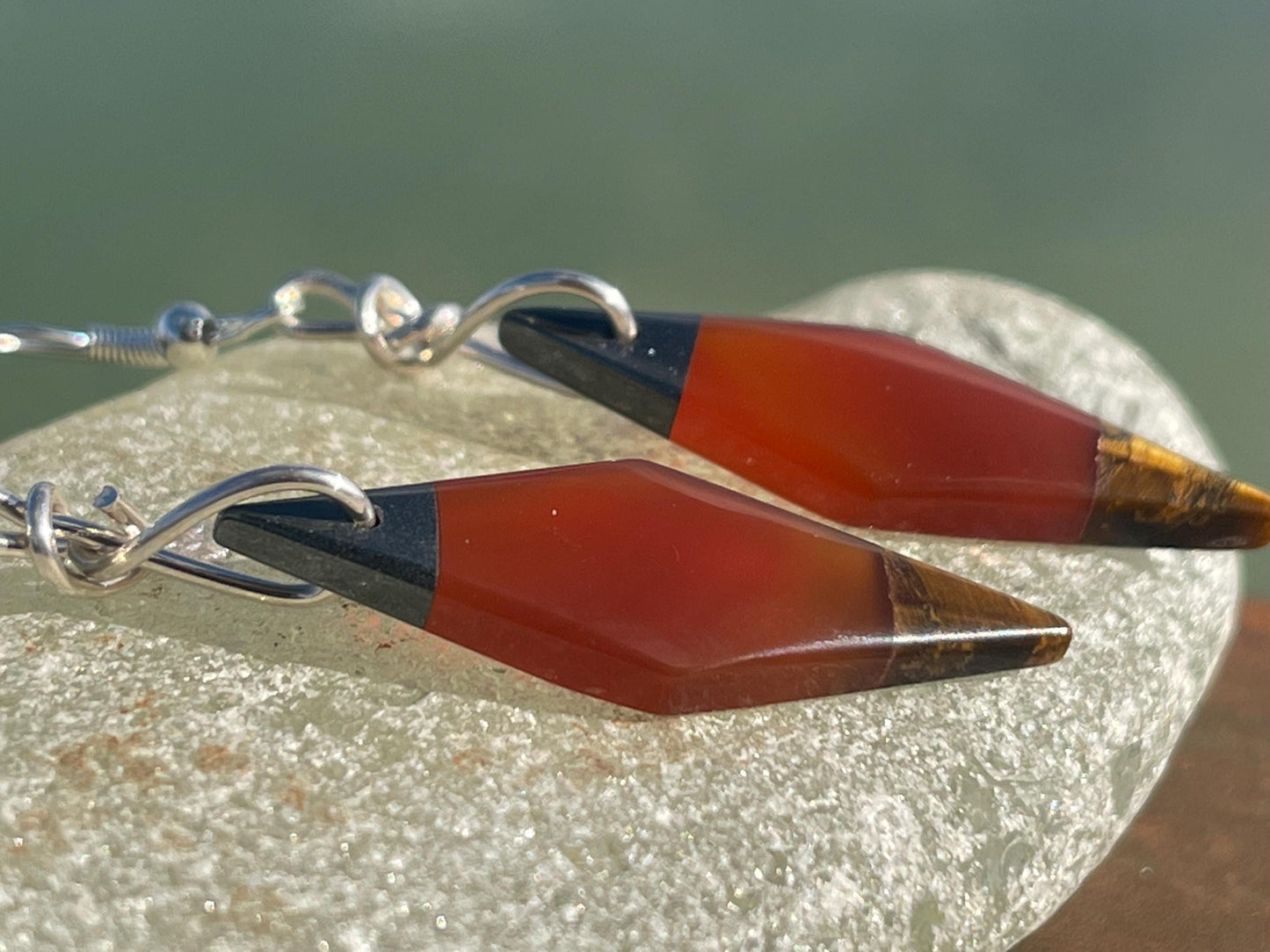 Stunning carnelian and onyx earrings on recycled sterling silver. Ethical jewellery, eco friendly jewellery, boho earrings, unique earrings.