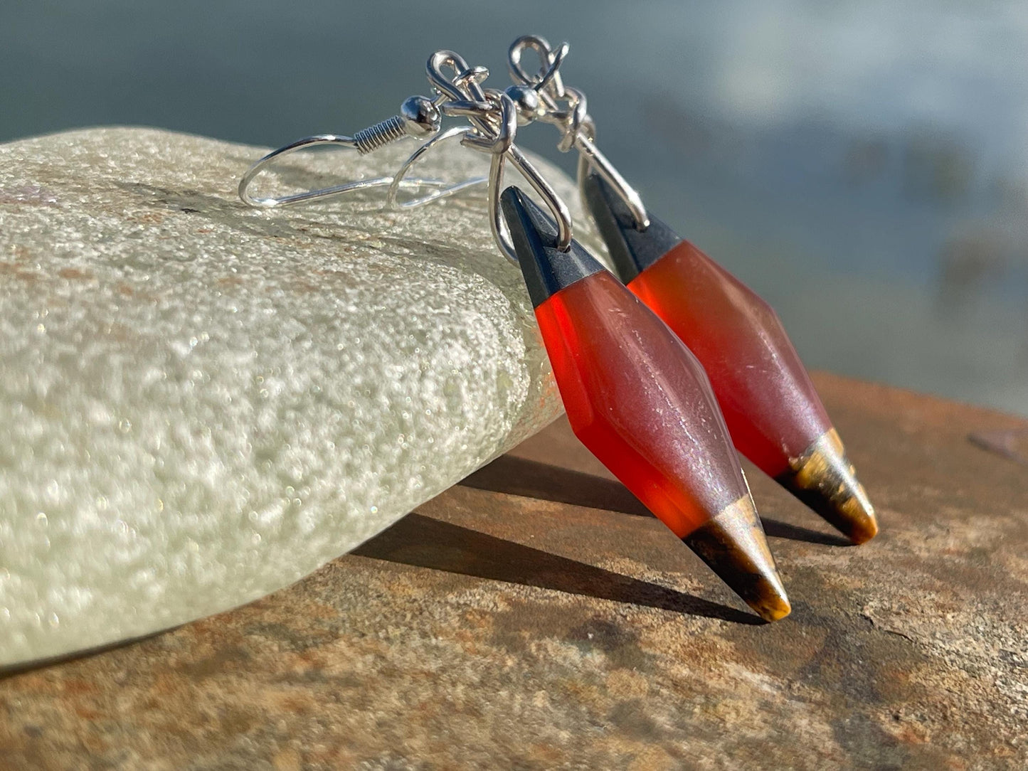 Stunning carnelian and onyx earrings on recycled sterling silver. Ethical jewellery, eco friendly jewellery, boho earrings, unique earrings.