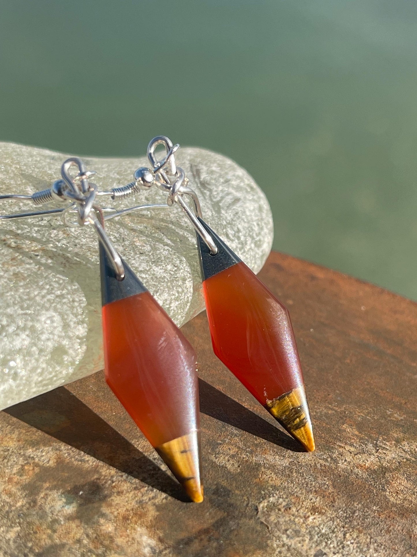 Stunning carnelian and onyx earrings on recycled sterling silver. Ethical jewellery, eco friendly jewellery, boho earrings, unique earrings.
